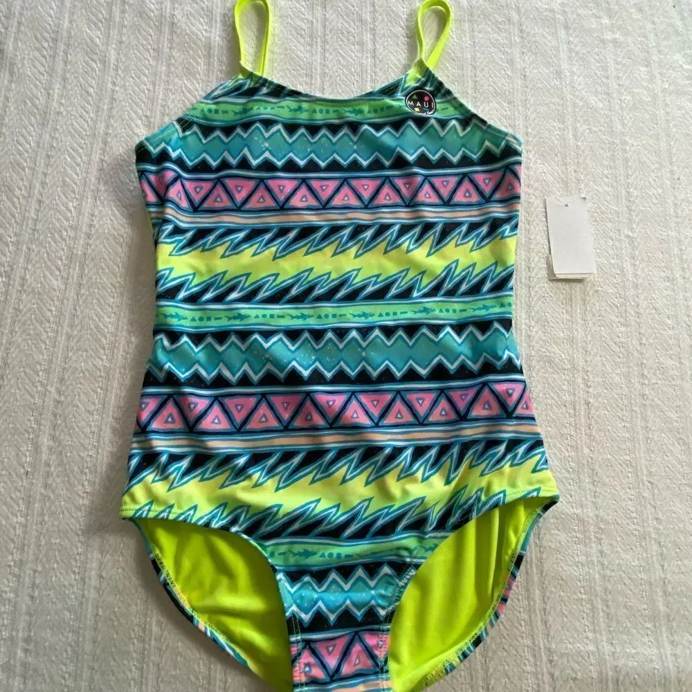 MAUI & SONS BIG GIRLS LARGE(14)TRIBUL STRIPE ONE- PIECE SWIMSUIT